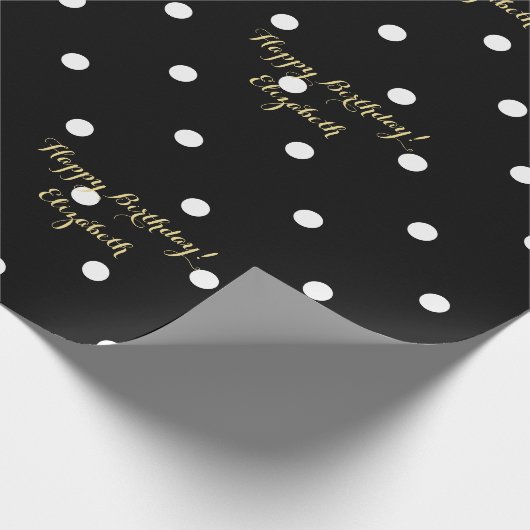 Custom Imitats Gold Script Black und White Polka D Geschenkpapier (Ecke)