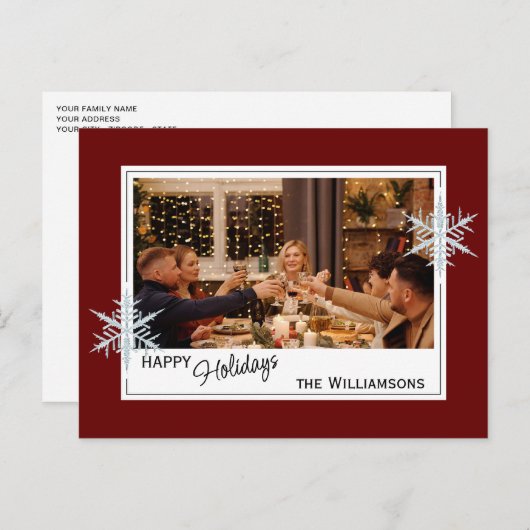 Custom Imitats Silver Snowfloakes on Dark Wine Red Postkarte (Vorne/Hinten)