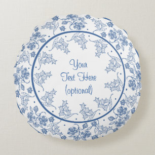 Custom Indigo Blue and White Floral Border Rundes Kissen