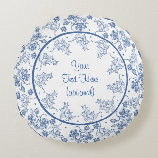 Custom Indigo Blue and White Floral Border Rundes Kissen