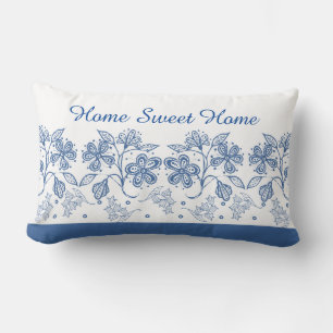 Custom Indigo Blue Floral Border Lumbar Pillow Lendenkissen