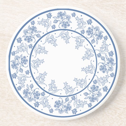 Custom Indigo Blue Floral Border Sandstone Unterse Getränkeuntersetzer (Vorne)