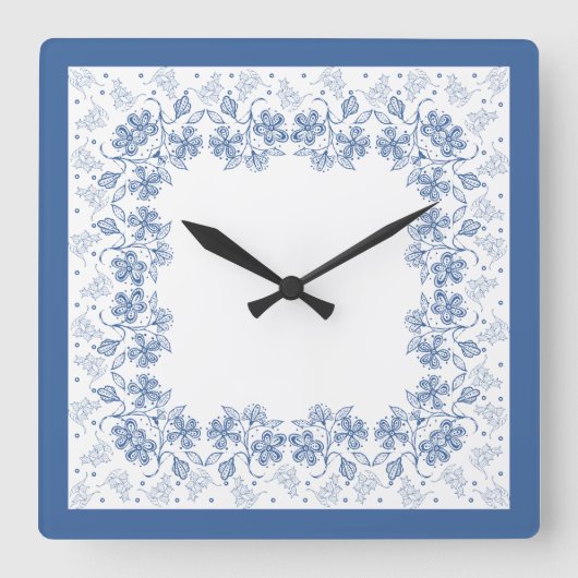 Custom Indigo Blue Floral Border Square Uhr (Vorderseite)