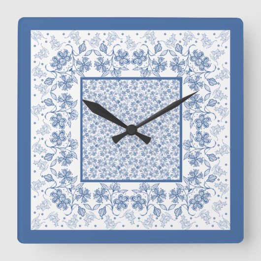 Custom Indigo Blue Floral Border Square Uhr (Vorderseite)