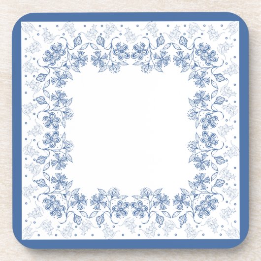 Custom Indigo Blue Floral Border Square Untersetze Getränkeuntersetzer (Vorderseite)