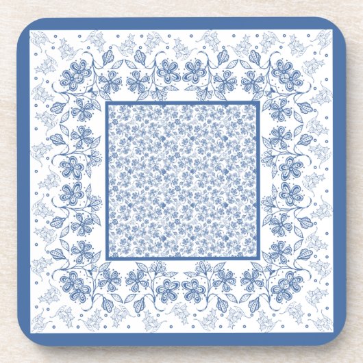Custom Indigo Blue Floral Border Square Untersetze Untersetzer (Vorderseite)