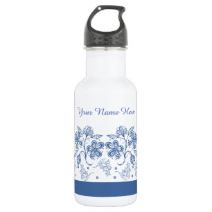 Custom Indigo Blue Floral Border Water Flasche Edelstahlflasche