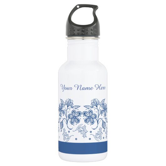Custom Indigo Blue Floral Border Water Flasche Edelstahlflasche (Vorderseite)