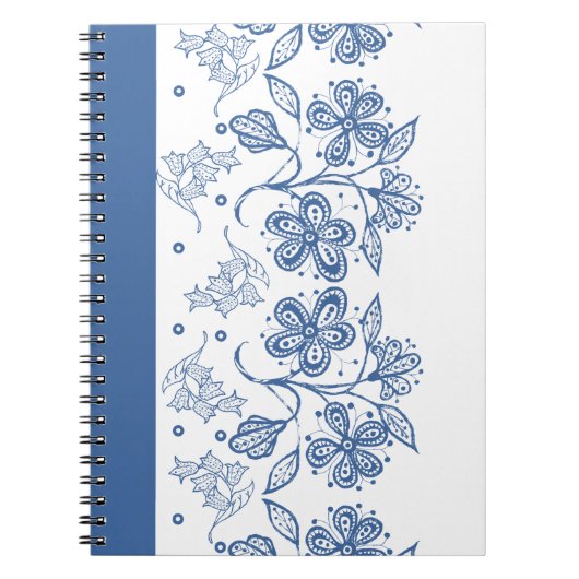 Custom Indigo Blue on White Floral Border Notebook Notizblock (Vorderseite)