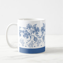 Custom Indigo Blue on White Floral Border Tasse