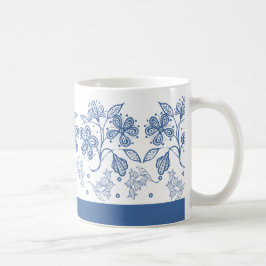 Custom Indigo Blue on White Floral Border Tasse