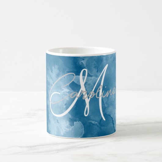 Custom Indigo Blue Shibori Abstrakt Monogram Name Kaffeetasse (Mittel)