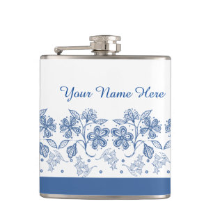 Custom Indigo Blue, White Floral Border Flask Flachmann