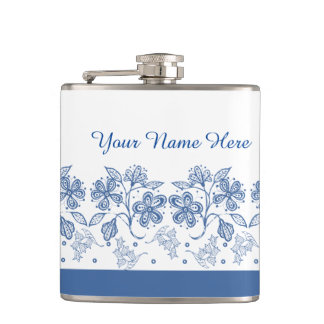 Custom Indigo Blue, White Floral Border Flask Flachmann