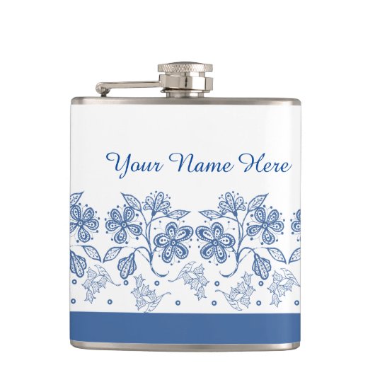 Custom Indigo Blue, White Floral Border Flask Flachmann (Vorderseite)
