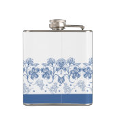 Custom Indigo Blue, White Floral Border Flask Flachmann (Rückseite)