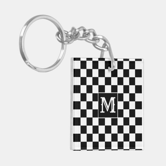 Custom Initial, Black White Checkered Keychain Schlüsselanhänger (Vorderseite links)