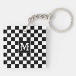 Custom Initial, Black White Checkered Keychain Schlüsselanhänger