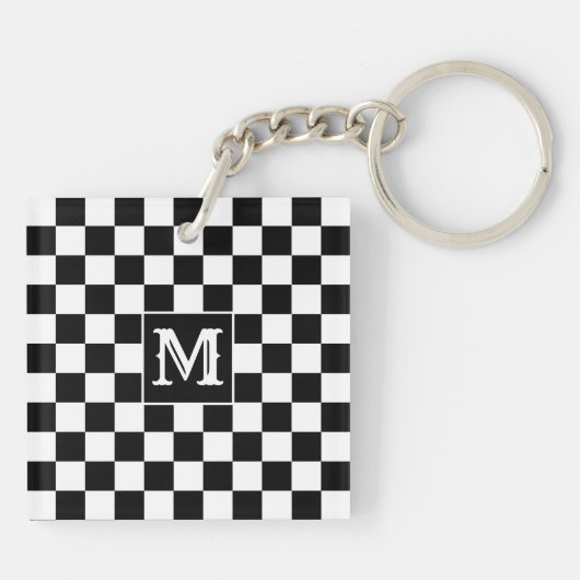 Custom Initial, Black White Checkered Keychain Schlüsselanhänger (Rückseite)