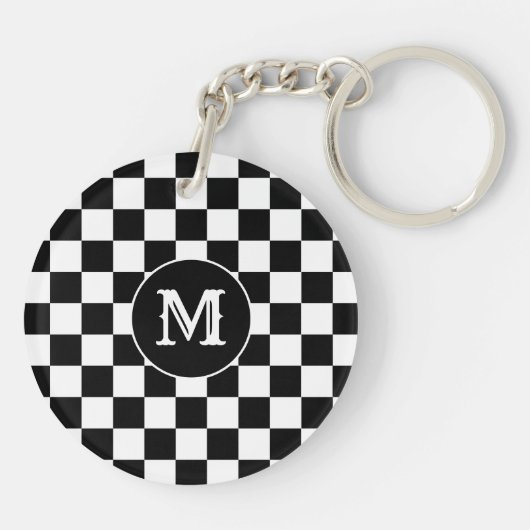 Custom Initial, Black White Checkered Keychain Schlüsselanhänger (Rückseite)