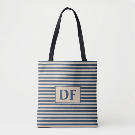 Custom Initial Blue/Vanilla Stripes Tote Beutel Tasche (Vorderseite)