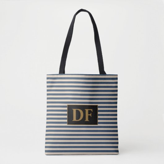 Custom Initial Blue/Vanilla Stripes Tote Beutel Tasche (Vorderseite)