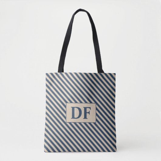 Custom Initial Blue/Vanilla Stripes Tote Beutel Tasche (Vorderseite)