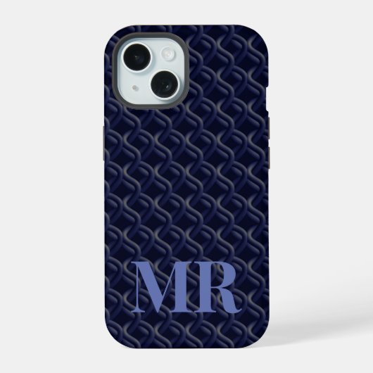 Custom Initial Large Modern Blue Lattice Rubber iPhone 15 Hülle (Rückseite)