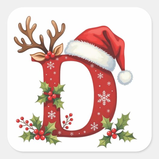Custom initial monogram D antler Santa's snowflake Quadratischer Aufkleber (Vorderseite)