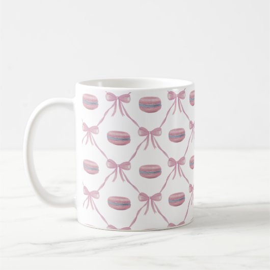 Custom Initial Pink Girly Coquette Bow & Macarons Kaffeetasse (Links)