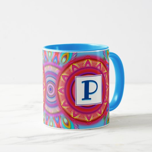 Custom Initial Psychedelic Regenbogenkaffee Tasse (VorderseiteRechts)