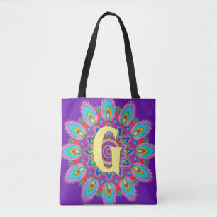 Custom Initial psychedelic Tote Bag lila Tasche