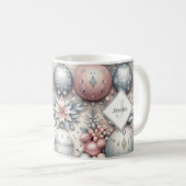 Custom Initial Silver and Pink Christmas Baubles Kaffeetasse (VorderseiteRechts)