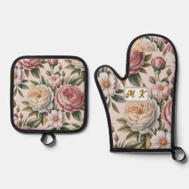 Custom initials chic vintage roses cottagecore  ofenhandschuh & Topflappen-Set