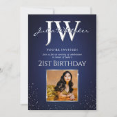 Custom Initials Elegant 21. Geburtstag Blue Silver Einladung (Vorderseite)