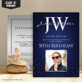 Custom Initials Elegant 50. Geburtstag Blue Silver Einladung