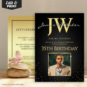 Custom Initials Elegant Black Gold 35. Geburtstag Einladung