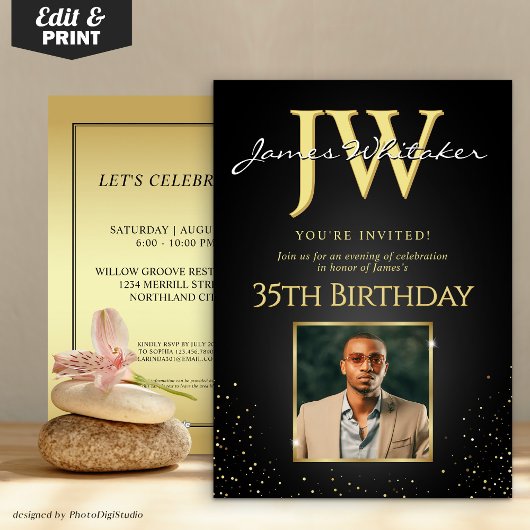 Custom Initials Elegant Black Gold 35. Geburtstag Einladung