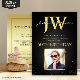 Custom Initials Elegant Black Gold 50. Geburtstag Einladung
