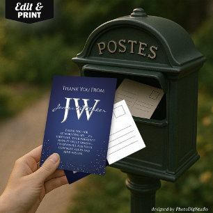 Custom Initials Elegant Blue Silver Danke Karte