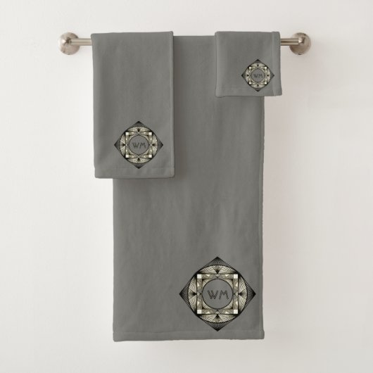 Custom Initials Elegante Manly Gray Chic Art Deco Badhandtuch Set (Insitu)