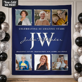 Custom Initials Geburtstag Banner Blue Silver Wandteppich