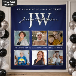 Custom Initials Geburtstag Banner Blue Silver Wandteppich