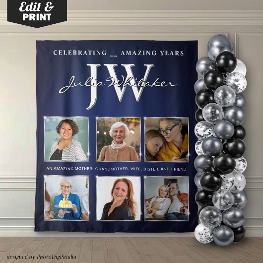 Custom Initials Geburtstag Banner Blue Silver Wandteppich