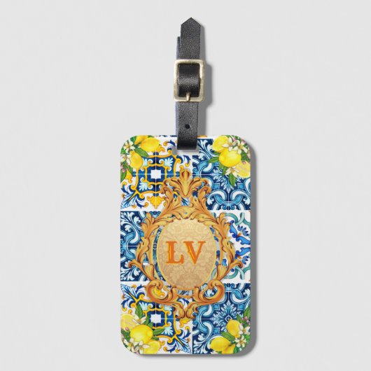 Custom Initials Sizilian Tiles Citrus Baroque Gepäckanhänger (Vorderseite Vertikal)