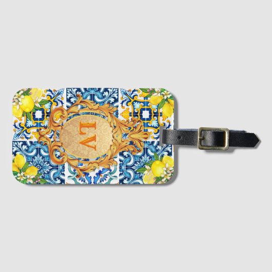 Custom Initials Sizilian Tiles Citrus Baroque Gepäckanhänger (Vorderseite (Horizontal))
