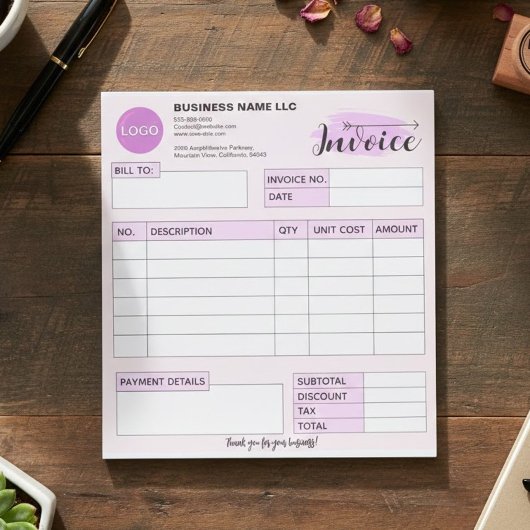 Custom invoice Form with Logo, Pink Small Business Notizblock