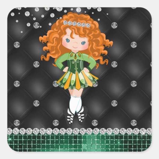 Custom Irish Dance Redhead Girl Green, Black Quadratischer Aufkleber (Vorderseite)