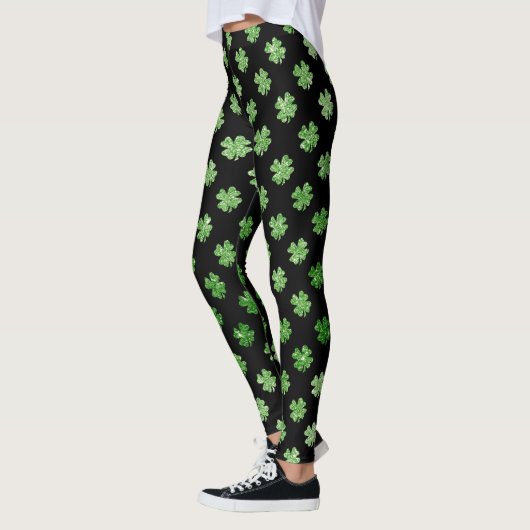 Custom Irish Green Glitzer Kleeblatt Pattern Black Leggings (Links)