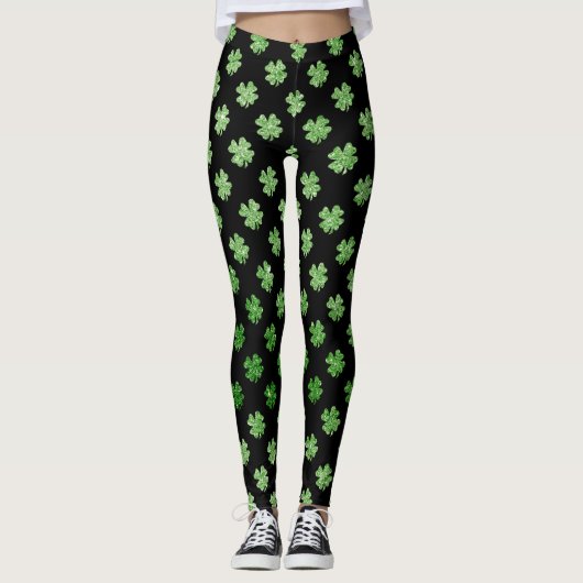Custom Irish Green Glitzer Kleeblatt Pattern Black Leggings (Vorderseite)